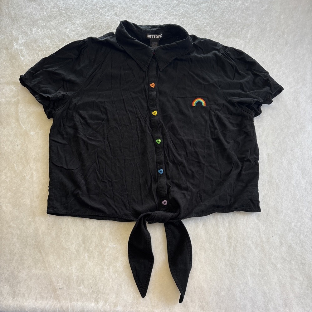 Hot Topic Black Rainbow And Hearts Tie-Front Crop Shirt Size Large